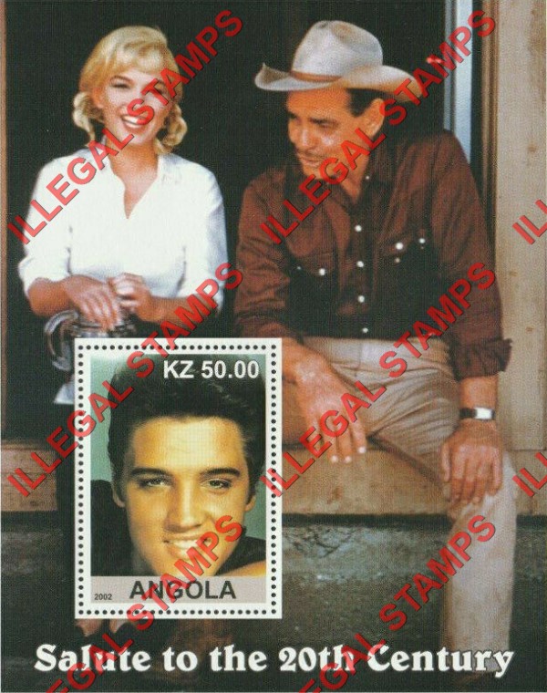Angola 2002 Salute to the 20th Century Elvis Presley, Marilyn Monroe and Clark Gable Illegal Stamp Souvenir Sheet of 1 Angola 2002 Salute to the 20th Century Elvis Presley, Marilyn Monroe and Clark Gable Illegal Stamp Souvenir Sheet of 1