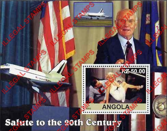 Angola 2002 Salute to the 20th Century Marilyn Monroe, John Glenn and Space Shuttle Illegal Stamp Souvenir Sheet of 1 Angola 2002 Salute to the 20th Century Marilyn Monroe, John Glenn and Space Shuttle Illegal Stamp Souvenir Sheet of 1
