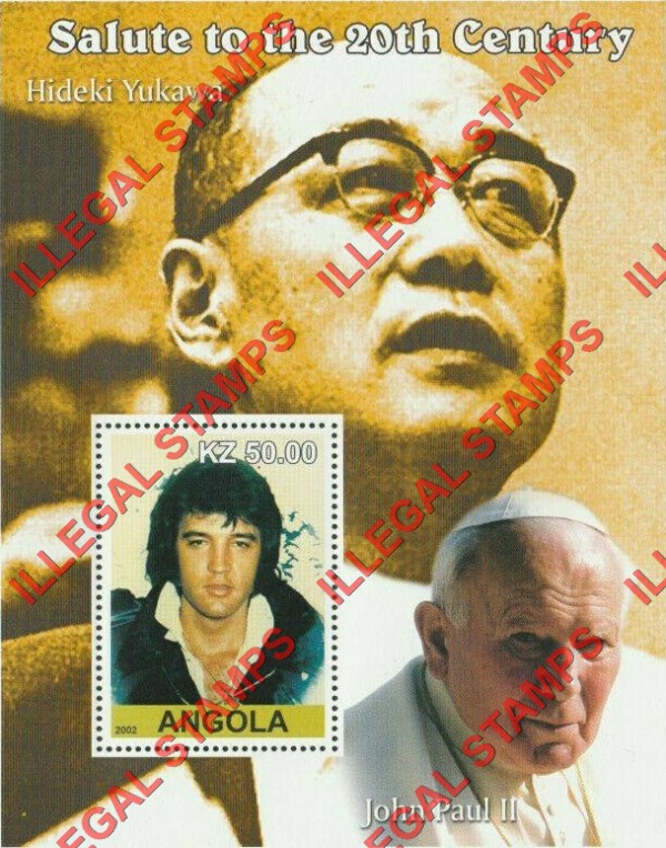 Angola 2002 Salute to the 20th Century Elvis Presley, Pope John Paul II and Hideki Yukawa Illegal Stamp Souvenir Sheet of 1 Angola 2002 Salute to the 20th Century Elvis Presley, Pope John Paul II and Hideki Yukawa Illegal Stamp Souvenir Sheet of 1