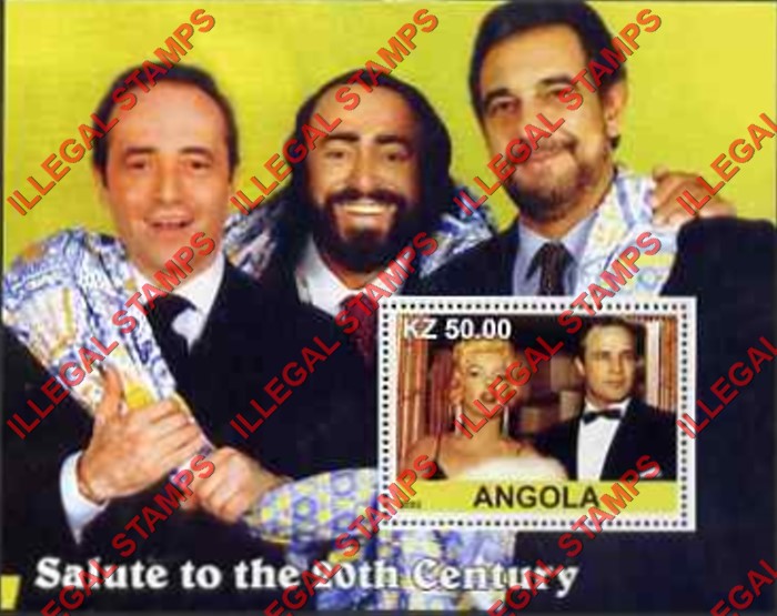 Angola 2002 Salute to the 20th Century Marilyn Monroe, Marlon Brando and Three Tenors Illegal Stamp Souvenir Sheet of 1 Angola 2002 Salute to the 20th Century Marilyn Monroe, Marlon Brando and Three Tenors Illegal Stamp Souvenir Sheet of 1