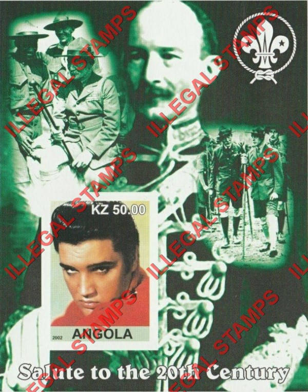 Angola 2002 Salute to the 20th Century Elvis Presley and Baden Powell with Scouts Logo Illegal Stamp Souvenir Sheet of 1 Angola 2002 Salute to the 20th Century Elvis Presley and Baden Powell with Scouts Logo Illegal Stamp Souvenir Sheet of 1