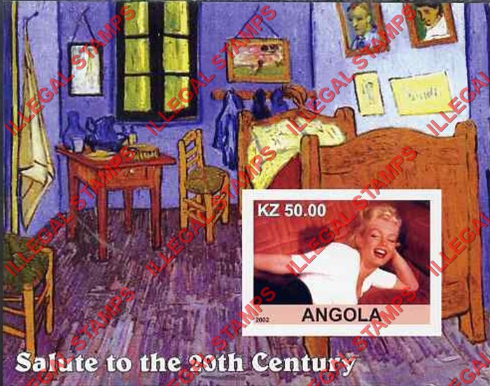 Angola 2002 Salute to the 20th Century Marilyn Monroe and Vincent Van Gogh Painting Illegal Stamp Souvenir Sheet of 1 Angola 2002 Salute to the 20th Century Marilyn Monroe and Vincent Van Gogh Painting Illegal Stamp Souvenir Sheet of 1