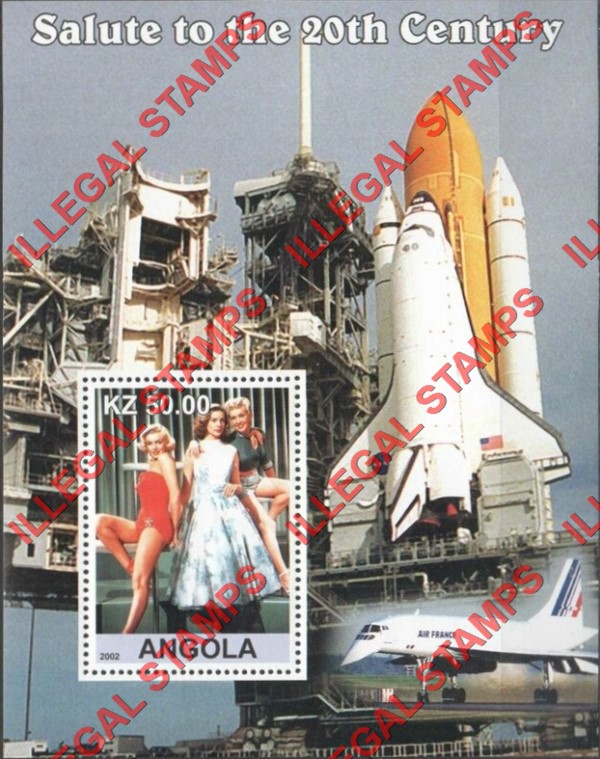 Angola 2002 Salute to the 20th Century Marilyn Monroe, Concorde and Space Shuttle Illegal Stamp Souvenir Sheet of 1 Angola 2002 Salute to the 20th Century Marilyn Monroe, Concorde and Space Shuttle Illegal Stamp Souvenir Sheet of 1