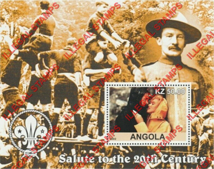 Angola 2002 Salute to the 20th Century Marilyn Monroe and Baden Powell with Scouts Logo Illegal Stamp Souvenir Sheet of 1 Angola 2002 Salute to the 20th Century Marilyn Monroe and Baden Powell with Scouts Logo Illegal Stamp Souvenir Sheet of 1