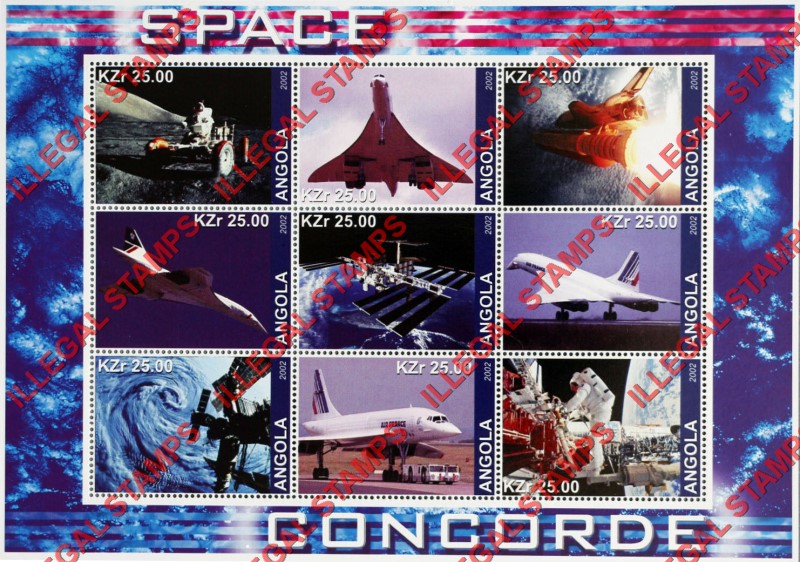 Angola 2002 Space Concorde Illegal Stamp Souvenir Sheet of 9 Angola 2002 Space Concorde Illegal Stamp Souvenir Sheet of 9