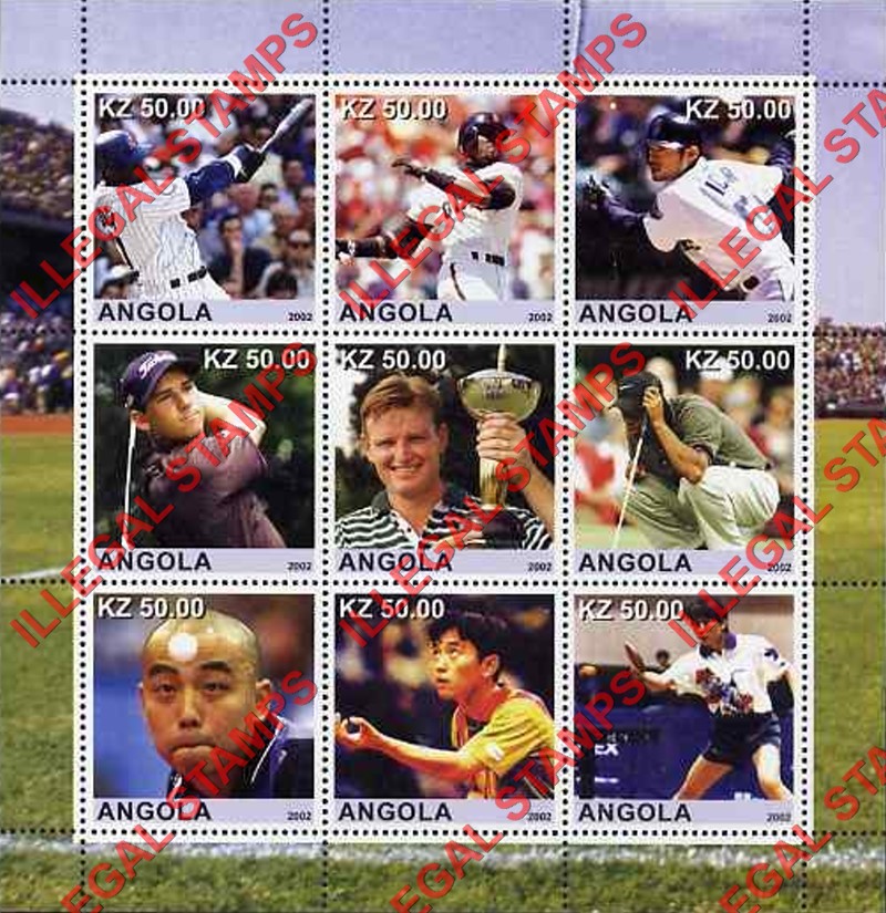 Angola 2002 Sports Baseball, Golf and Table Tennis Illegal Stamp Souvenir Sheet of 9 Angola 2002 Sports Baseball, Golf and Table Tennis Illegal Stamp Souvenir Sheet of 9