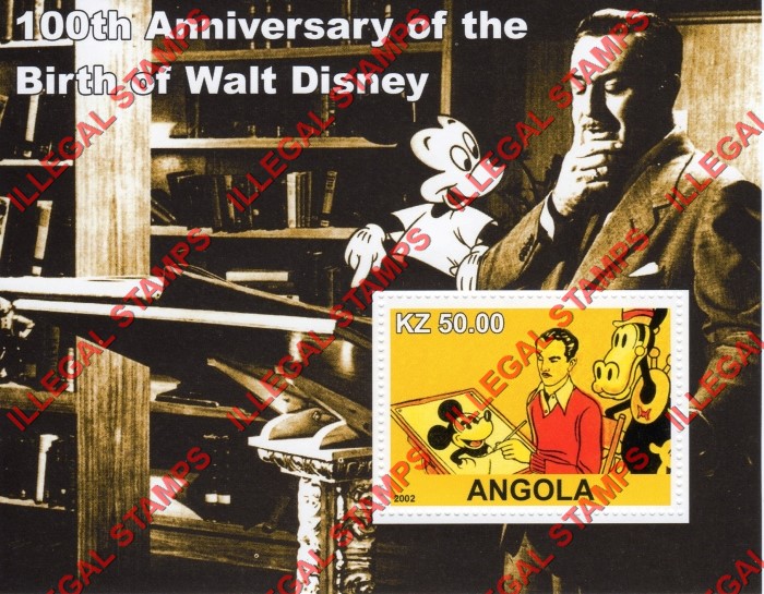 Angola 2002 Walt Disney Birth Anniversary Illegal Stamp Souvenir Sheets of 1 (Sheet 1) Angola 2002 Walt Disney Birth Anniversary Illegal Stamp Souvenir Sheets of 1 (Sheet 1)