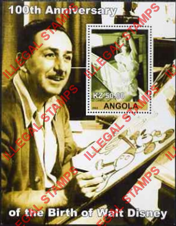 Angola 2002 Walt Disney Birth Anniversary Illegal Stamp Souvenir Sheets of 1 (Sheet 2) Angola 2002 Walt Disney Birth Anniversary Illegal Stamp Souvenir Sheets of 1 (Sheet 2)