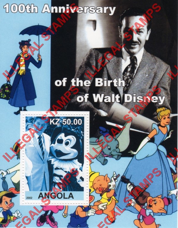 Angola 2002 Walt Disney Birth Anniversary Illegal Stamp Souvenir Sheets of 1 (Sheet 8) Angola 2002 Walt Disney Birth Anniversary Illegal Stamp Souvenir Sheets of 1 (Sheet 8)