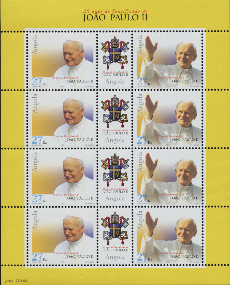 Angola 2003 Pontification of Pope John Paul II Genuine Stamp Souvenir Sheet of 8 Plus Labels Angola 2003 Pontification of Pope John Paul II Genuine Stamp Souvenir Sheet of 8 Plus Labels