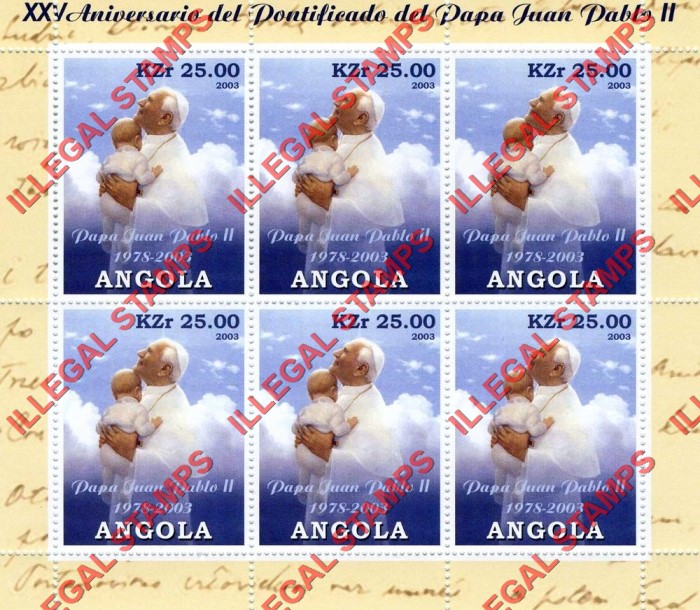 Angola 2003 Pontification of Pope John Paul II Illegal Stamp Souvenir Sheet of 6 Angola 2003 Pontification of Pope John Paul II Illegal Stamp Souvenir Sheet of 6