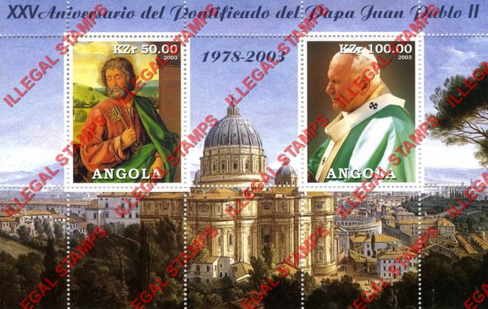 Angola 2003 Pontification of Pope John Paul II Illegal Stamp Souvenir Sheet of 2 Angola 2003 Pontification of Pope John Paul II Illegal Stamp Souvenir Sheet of 2