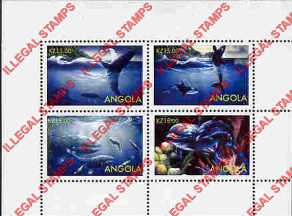 Angola 2004 Whales and Dolphins Illegal Stamp Souvenir Sheet of 4 Angola 2004 Whales and Dolphins Illegal Stamp Souvenir Sheet of 4