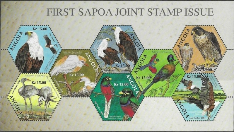 Angola 2004 SAPOA Birds First Joint Stamp Issue Unissued Souvenir Sheet of 8 Angola 2004 SAPOA Birds First Joint Stamp Issue Unissued Souvenir Sheet of 8