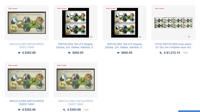 Angola 2004 SAPOA Birds First Joint Stamp Issue Unissued Souvenir Sheet of 8 Sold Listings on Delcampe in Feb 2021 Angola 2004 SAPOA Birds First Joint Stamp Issue Unissued Souvenir Sheet of 8 Sold Listings on Delcampe in Feb 2021