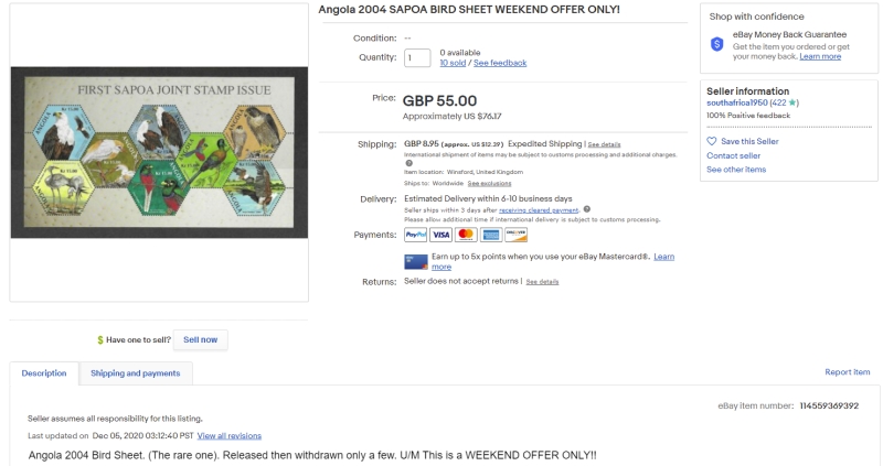 Angola 2004 SAPOA Birds First Joint Stamp Issue Unissued Souvenir Sheet of 8 Sale on eBay Dec 2020 Angola 2004 SAPOA Birds First Joint Stamp Issue Unissued Souvenir Sheet of 8 Sale on eBay Dec 2020
