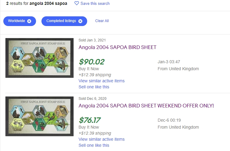 Angola 2004 SAPOA Birds First Joint Stamp Issue Unissued Souvenir Sheet of 8 Completed Listings on eBay in Feb 2021 Angola 2004 SAPOA Birds First Joint Stamp Issue Unissued Souvenir Sheet of 8 Completed Listings on eBay in Feb 2021