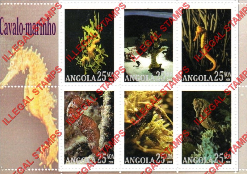 Angola 2008 Seahorses Illegal Stamp Souvenir Sheet of 6 Angola 2008 Seahorses Illegal Stamp Souvenir Sheet of 6
