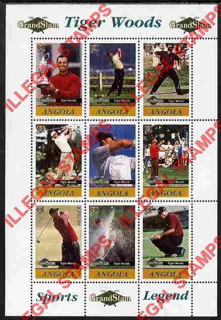 Angola 2009 Tiger Woods Grand Slam Illegal Stamp Souvenir Sheets of 9 (Sheet 1) Angola 2009 Tiger Woods Grand Slam Illegal Stamp Souvenir Sheets of 9 (Sheet 1)