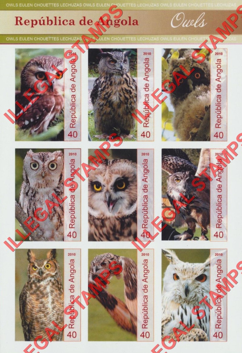 Angola 2010 Owls Illegal Stamp Souvenir Sheets of 9 (Sheet 1) Angola 2010 Owls Illegal Stamp Souvenir Sheets of 9 (Sheet 1)