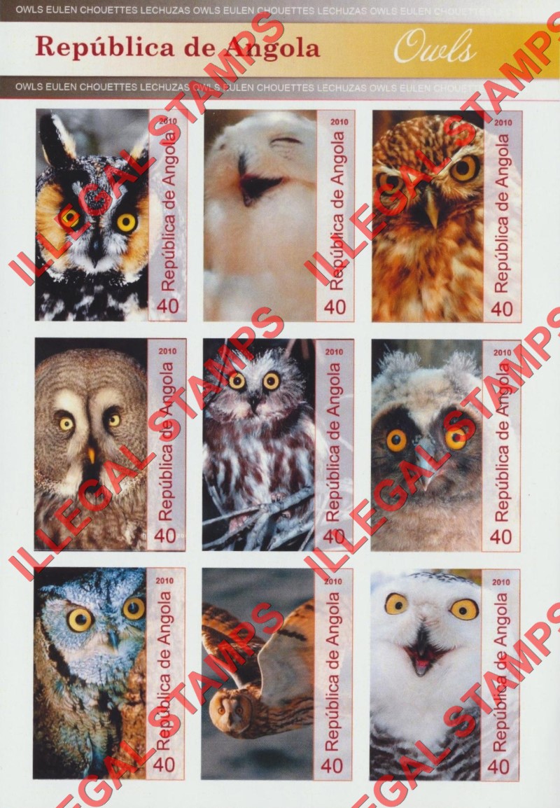 Angola 2010 Owls Illegal Stamp Souvenir Sheets of 9 (Sheet 2) Angola 2010 Owls Illegal Stamp Souvenir Sheets of 9 (Sheet 2)