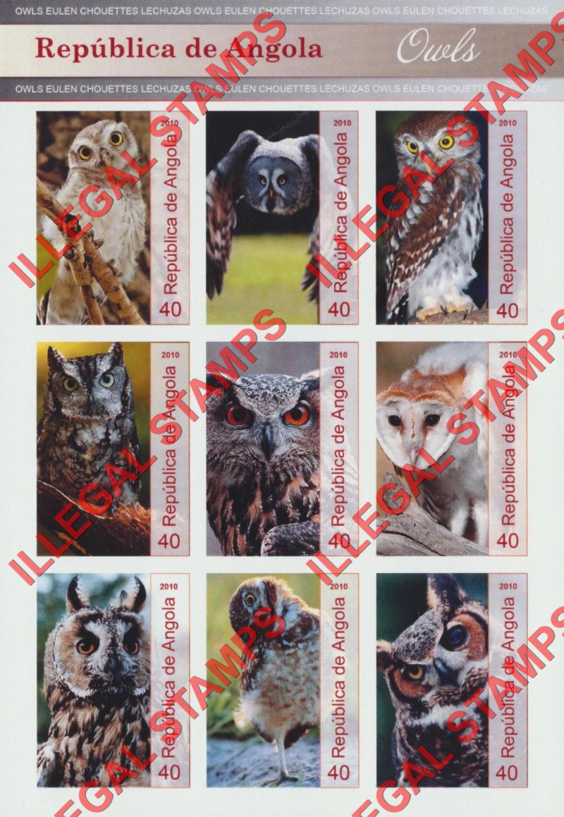 Angola 2010 Owls Illegal Stamp Souvenir Sheets of 9 (Sheet 3) Angola 2010 Owls Illegal Stamp Souvenir Sheets of 9 (Sheet 3)