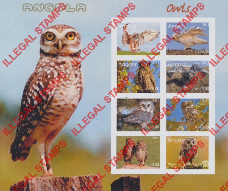 Angola 2011 Owls Illegal Stamp Souvenir Sheet of 8 Angola 2011 Owls Illegal Stamp Souvenir Sheet of 8