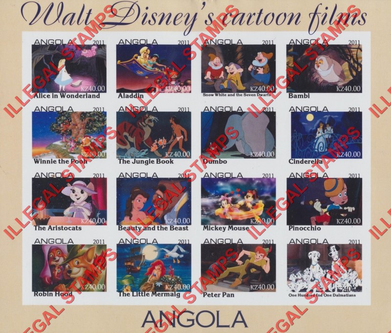 Angola 2011 Walt Disney's Cartoon Films Illegal Stamp Souvenir Sheet of 16 Angola 2011 Walt Disney's Cartoon Films Illegal Stamp Souvenir Sheet of 16