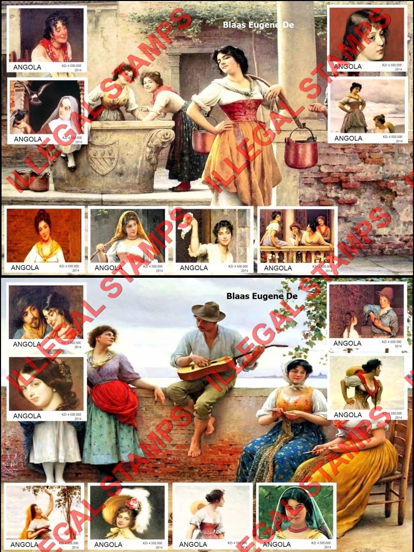 Angola 2014 Paintings by Eugene de Blaas Illegal Stamp Souvenir Sheets of 8 Angola 2014 Paintings by Eugene de Blaas Illegal Stamp Souvenir Sheets of 8