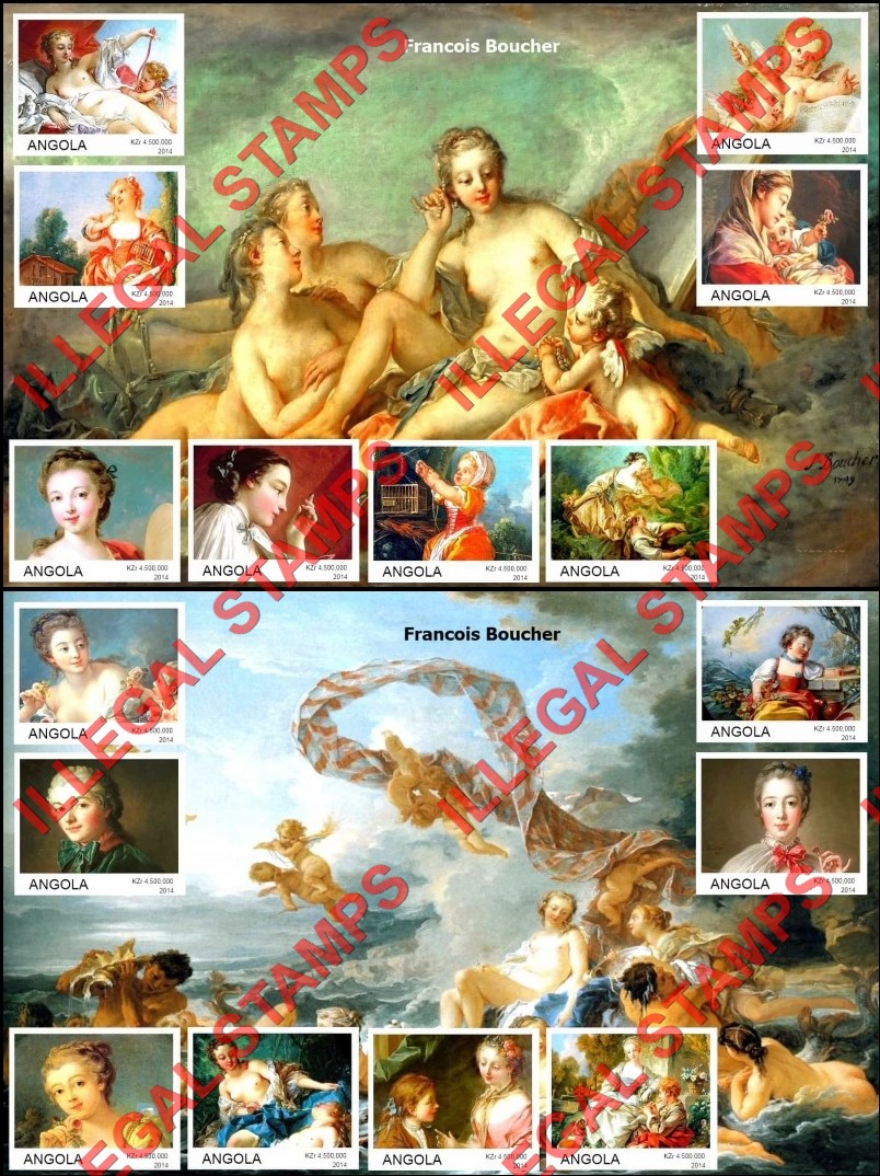 Angola 2014 Paintings by Francois Boucher Illegal Stamp Souvenir Sheets of 8 Angola 2014 Paintings by Francois Boucher Illegal Stamp Souvenir Sheets of 8