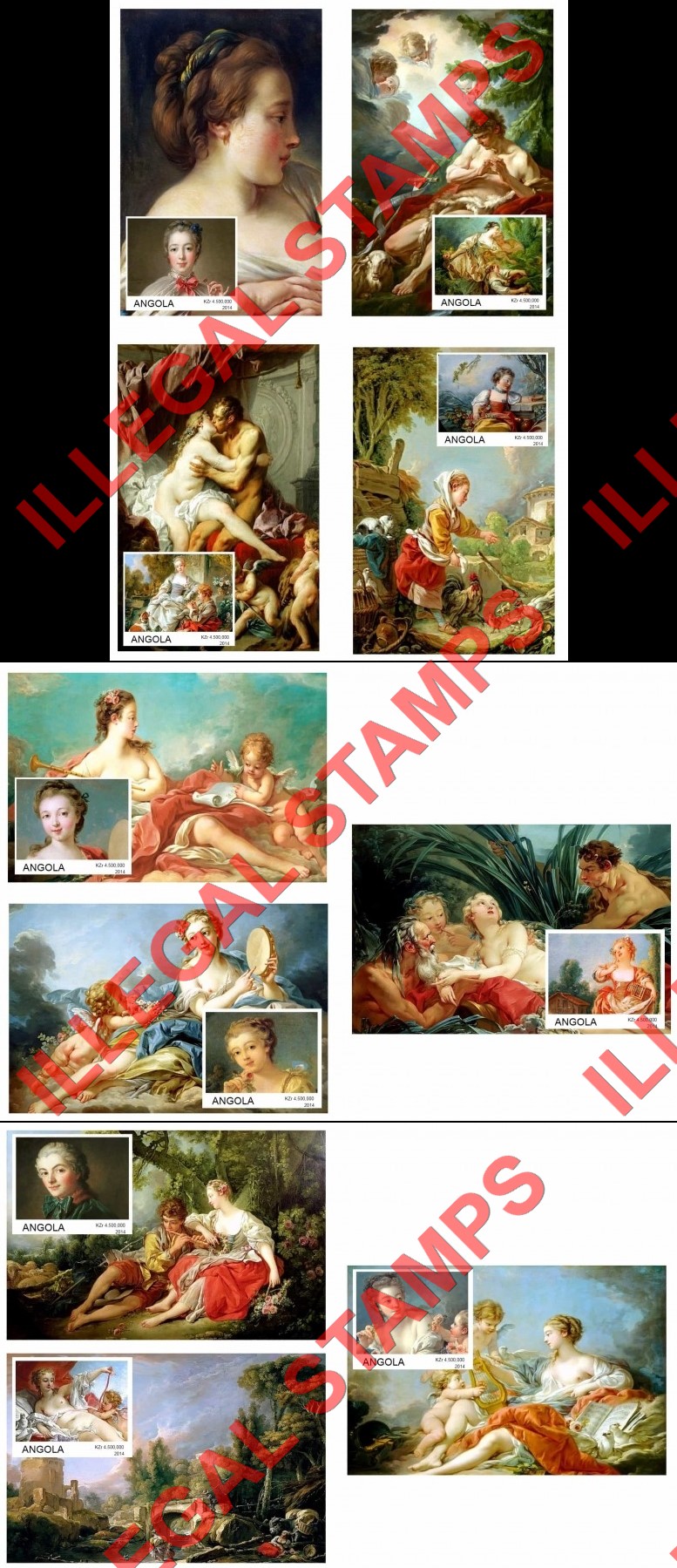 Angola 2014 Paintings by Francois Boucher Illegal Stamp Souvenir Sheets of 1 (Part 2) Angola 2014 Paintings by Francois Boucher Illegal Stamp Souvenir Sheets of 1 (Part 2)