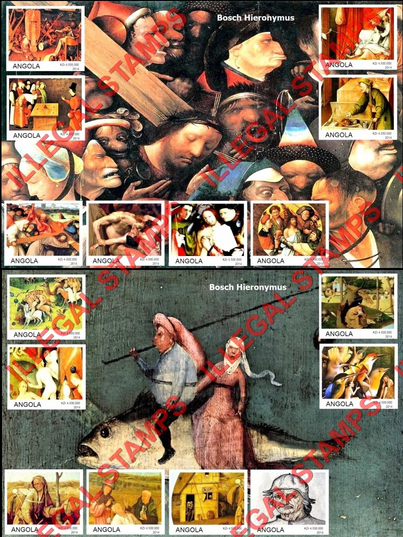 Angola 2014 Paintings by Hieronymus Bosch Illegal Stamp Souvenir Sheets of 8 Angola 2014 Paintings by Hieronymus Bosch Illegal Stamp Souvenir Sheets of 8
