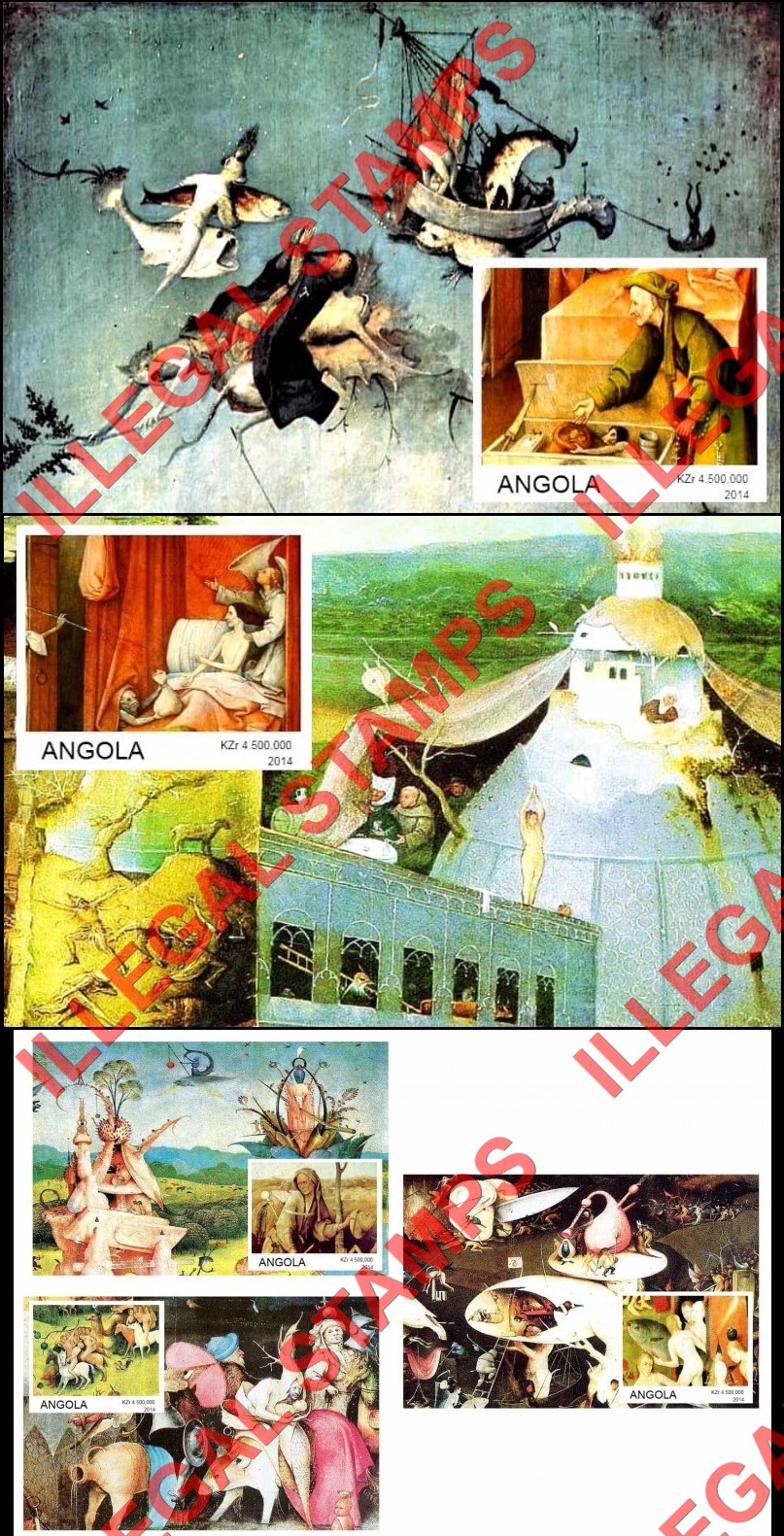Angola 2014 Paintings by Hieronymus Bosch Illegal Stamp Souvenir Sheets of 1 (Part 1) Angola 2014 Paintings by Hieronymus Bosch Illegal Stamp Souvenir Sheets of 1 (Part 1)