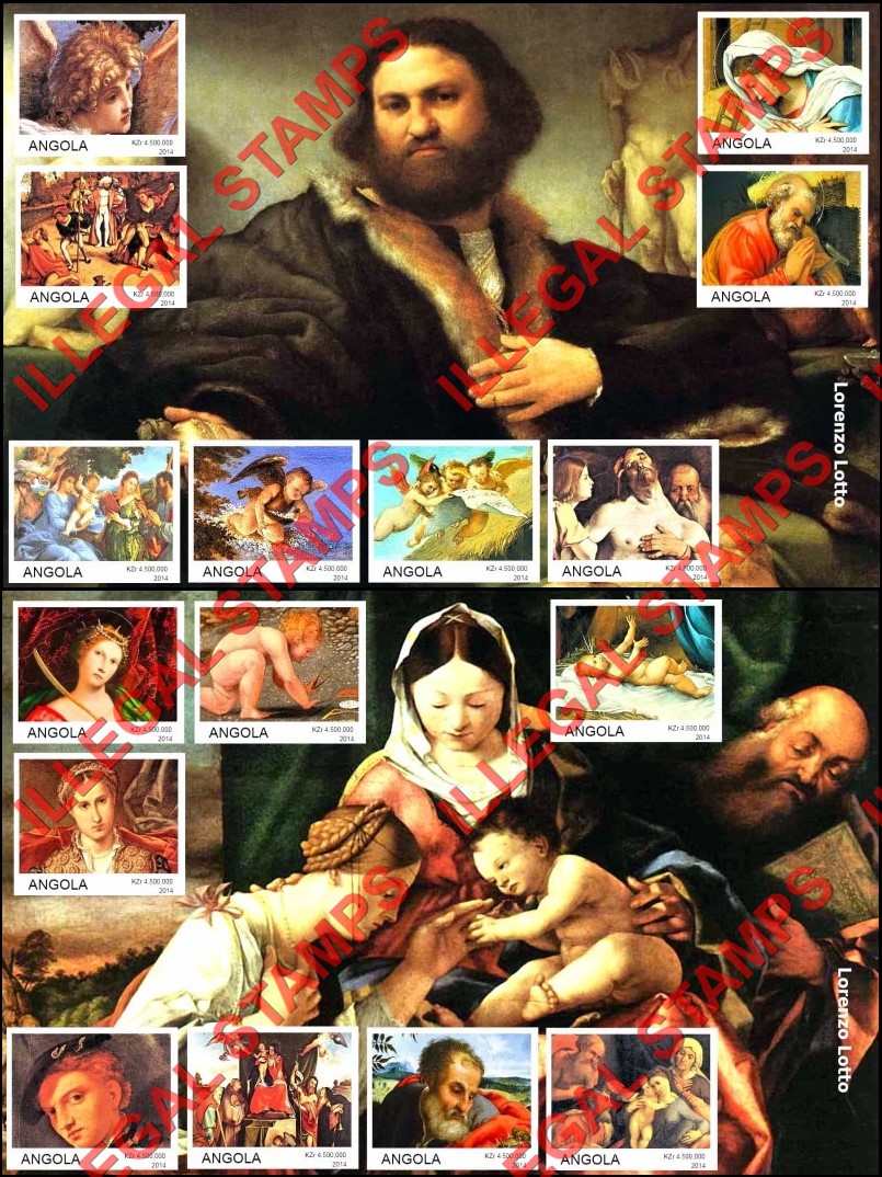 Angola 2014 Paintings by Lorenzo Lotto Illegal Stamp Souvenir Sheets of 8 Angola 2014 Paintings by Lorenzo Lotto Illegal Stamp Souvenir Sheets of 8