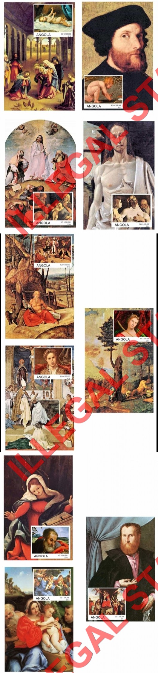 Angola 2014 Paintings by Lorenzo Lotto Illegal Stamp Souvenir Sheets of 1 (Part 2) Angola 2014 Paintings by Lorenzo Lotto Illegal Stamp Souvenir Sheets of 1 (Part 2)