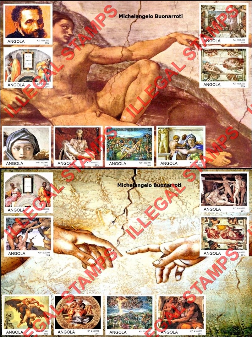 Angola 2014 Paintings by Michelangelo Buonarroti Illegal Stamp Souvenir Sheets of 8 Angola 2014 Paintings by Michelangelo Buonarroti Illegal Stamp Souvenir Sheets of 8