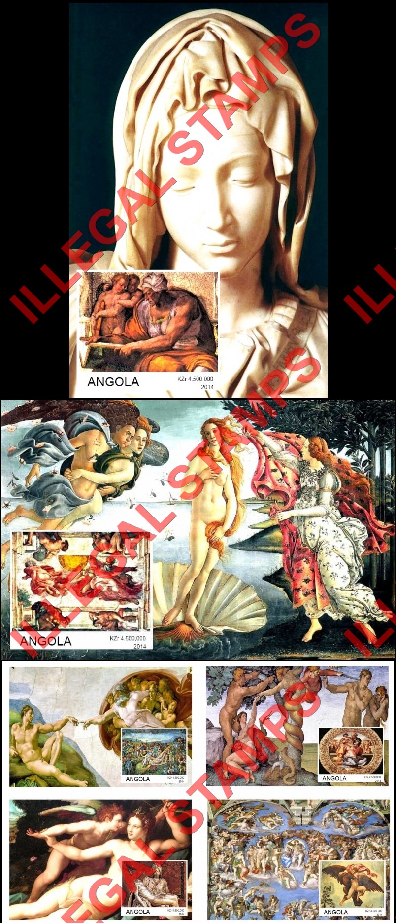 Angola 2014 Paintings by Michelangelo Buonarroti Illegal Stamp Souvenir Sheets of 1 (Part 1) Angola 2014 Paintings by Michelangelo Buonarroti Illegal Stamp Souvenir Sheets of 1 (Part 1)