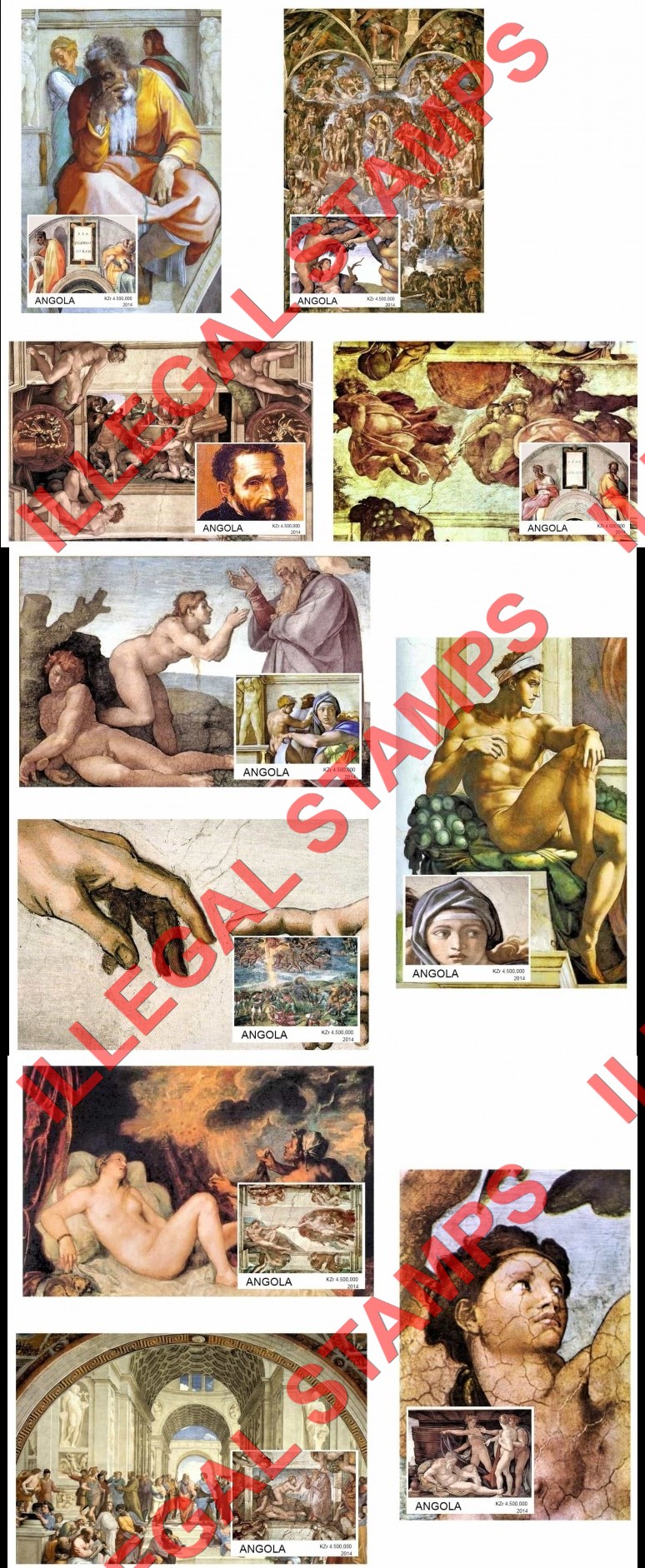 Angola 2014 Paintings by Michelangelo Buonarroti Illegal Stamp Souvenir Sheets of 1 (Part 2) Angola 2014 Paintings by Michelangelo Buonarroti Illegal Stamp Souvenir Sheets of 1 (Part 2)