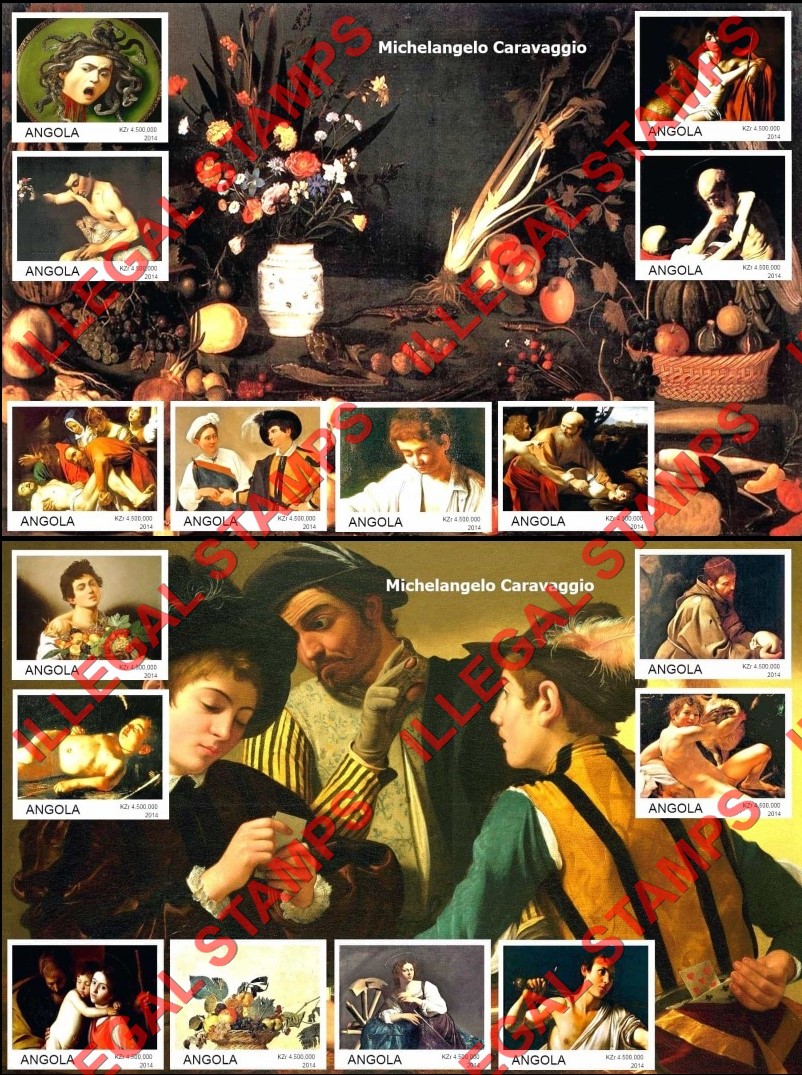 Angola 2014 Paintings by Michelangelo Caravaggio Illegal Stamp Souvenir Sheets of 8 Angola 2014 Paintings by Michelangelo Caravaggio Illegal Stamp Souvenir Sheets of 8