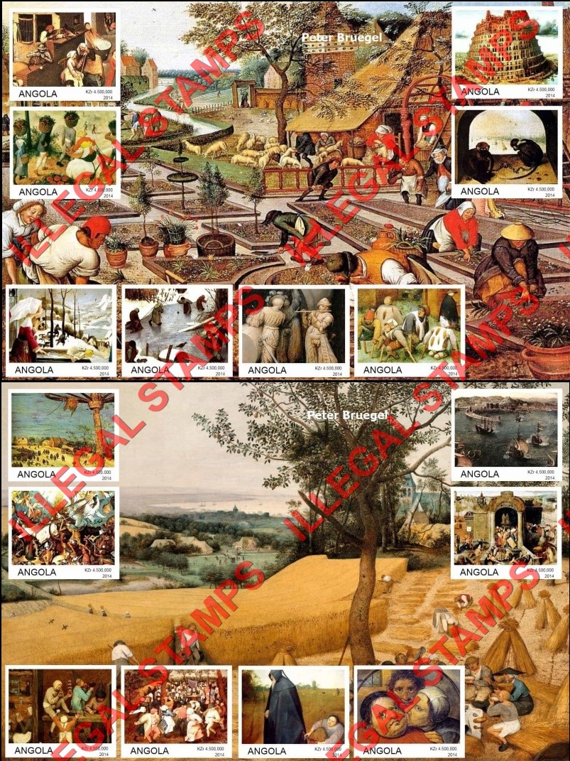 Angola 2014 Paintings by Peter Bruegel Illegal Stamp Souvenir Sheets of 8 Angola 2014 Paintings by Peter Bruegel Illegal Stamp Souvenir Sheets of 8