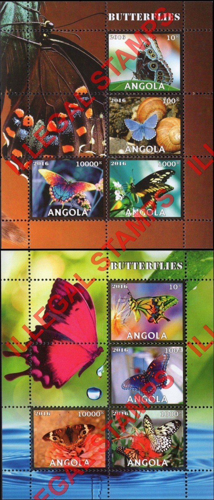 Angola 2016 Butterflies Illegal Stamp Souvenir Sheets of 4 Angola 2016 Butterflies Illegal Stamp Souvenir Sheets of 4