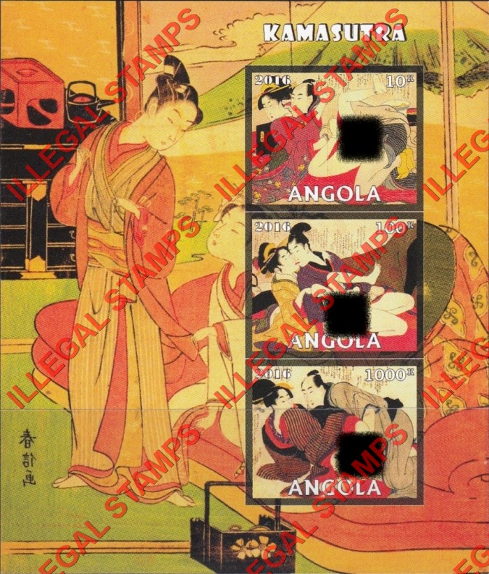 Angola 2016 Kamasutra Illegal Stamp Souvenir Sheet of 3 Angola 2016 Kamasutra Illegal Stamp Souvenir Sheet of 3