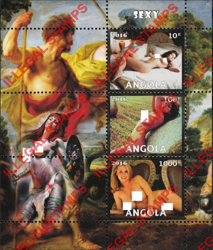 Angola 2016 Sexy Illegal Stamp Souvenir Sheet of 3 Angola 2016 Sexy Illegal Stamp Souvenir Sheet of 3