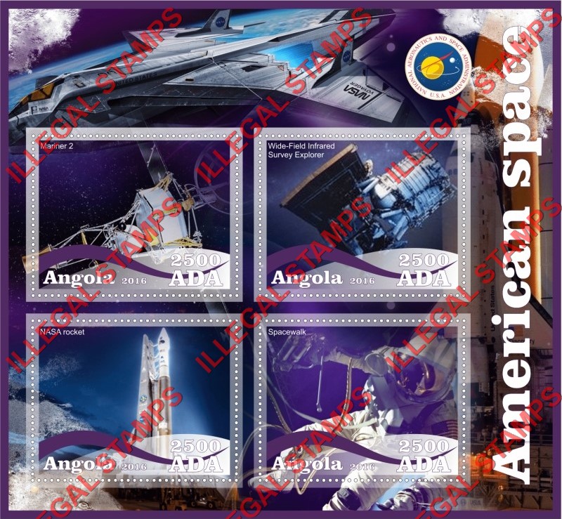 Angola 2016 Space American Illegal Stamp Souvenir Sheet of 4 Angola 2016 Space American Illegal Stamp Souvenir Sheet of 4