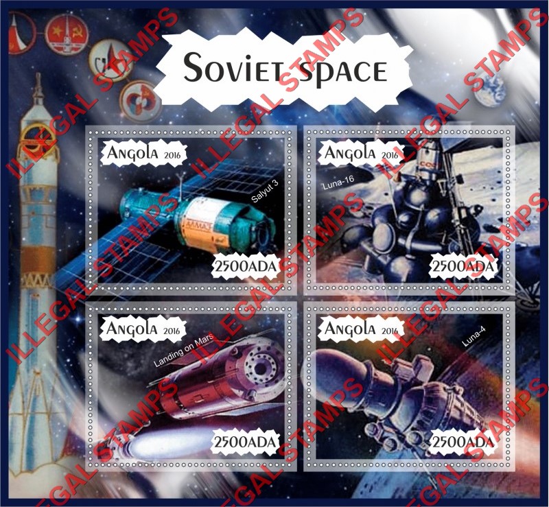 Angola 2016 Space Soviet (different) Illegal Stamp Souvenir Sheet of 4 Angola 2016 Space Soviet (different) Illegal Stamp Souvenir Sheet of 4