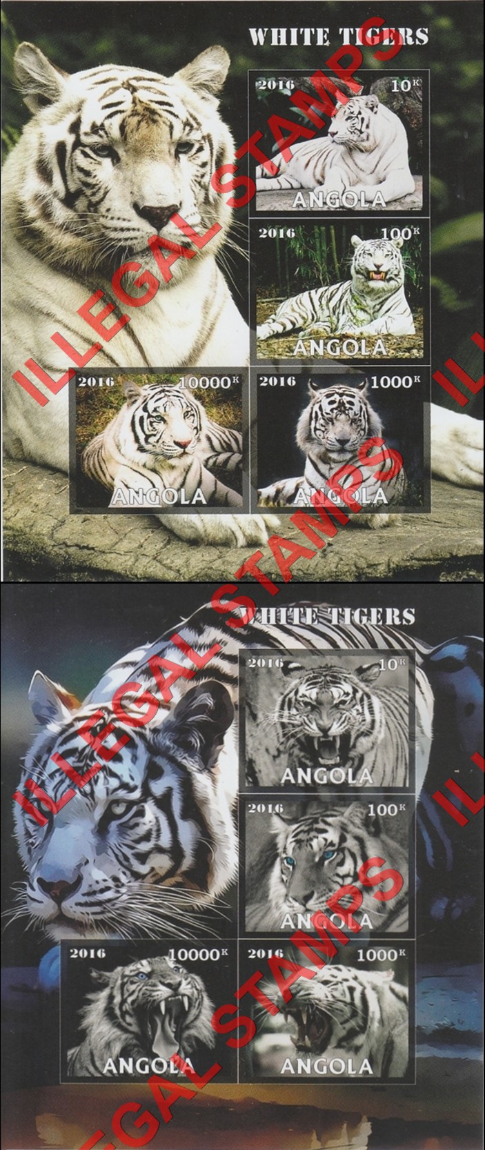 Angola 2016 White Tigers Illegal Stamp Souvenir Sheets of 4 Angola 2016 White Tigers Illegal Stamp Souvenir Sheets of 4