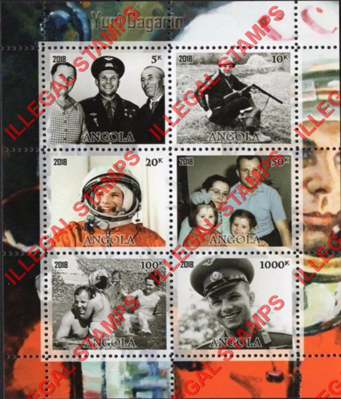 Angola 2018 Yuri Gagarin Illegal Stamp Souvenir Sheet of 6 Angola 2018 Yuri Gagarin Illegal Stamp Souvenir Sheet of 6