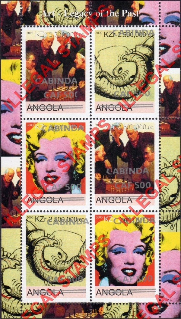 Cabinda 2000 Angola 2000 Art Legacy of the Past Counterfeit Illegal Stamp Souvenir Sheet of 6 Overprinted Cabinda 2000 Angola 2000 Art Legacy of the Past Counterfeit Illegal Stamp Souvenir Sheet of 6 Overprinted
