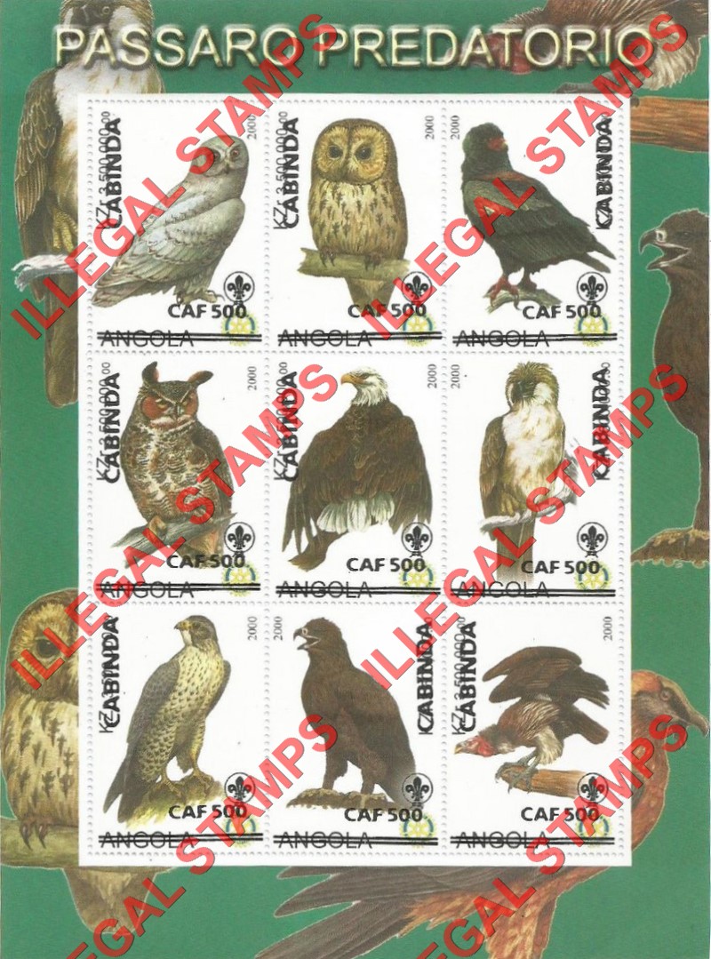 Cabinda 2000 Angola 2000 Birds of Prey with Scouts Logo Counterfeit Illegal Stamp Souvenir Sheet of 9 Overprinted Cabinda 2000 Angola 2000 Birds of Prey with Scouts Logo Counterfeit Illegal Stamp Souvenir Sheet of 9 Overprinted