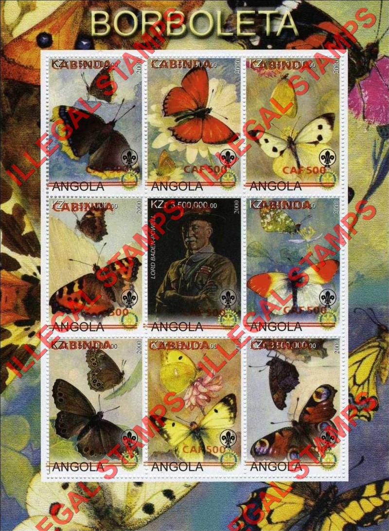 Cabinda 2000 Angola 2000 Butterflies with Scouts Logo and Baden Powell Counterfeit Illegal Stamp Souvenir Sheet of 9 Overprinted Cabinda 2000 Angola 2000 Butterflies with Scouts Logo and Baden Powell Counterfeit Illegal Stamp Souvenir Sheet of 9 Overprinted